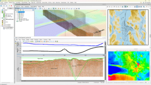 A screenshot from Oasis montaj showing seismic integration in OM and GM-SYS 