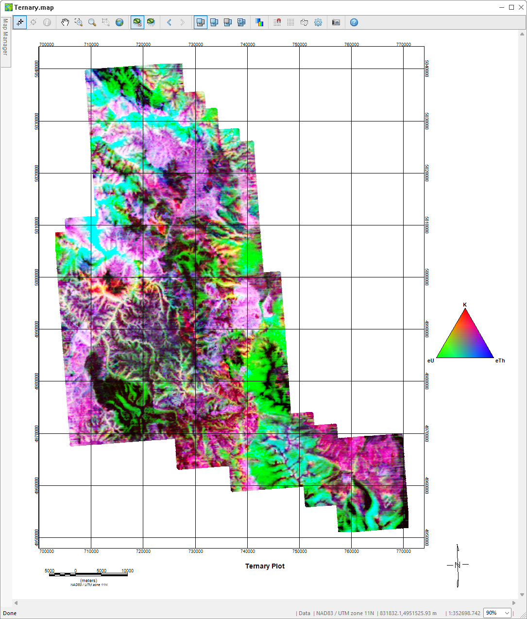 Full‑extent ternary radiometric map produced in Oasis montaj, showing potassium, uranium and thorium variations.