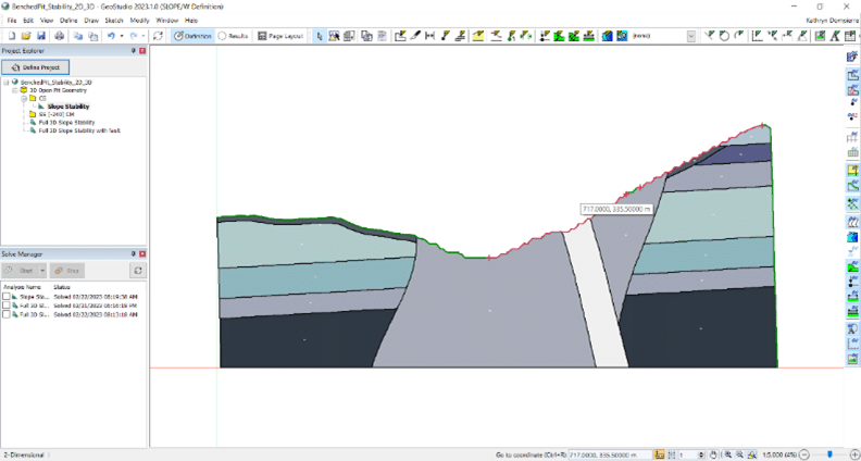A screenshot of a 2D slice of a geological model taken within SLOPE/W of Seequent's GeoStudio portfolio