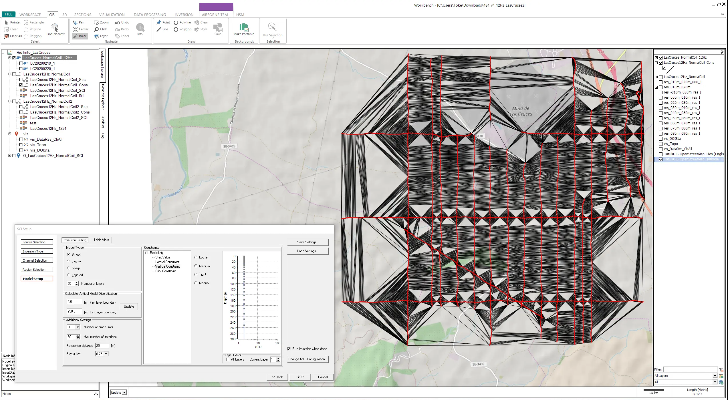 Display of the 3D constraints of the data in an inversion setup.