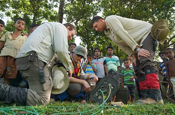  Above: Chris Slater, Alastair McClymont, and Colin Miazga supervising ERT data acquisition. 