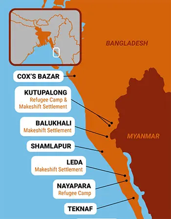  Left: Map of where the team worked in Kutupalong, Balukhali, Nayapara, and Leda. 