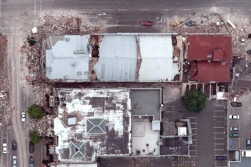  Aerial photograph of building damage after the Christchurch earthquake. Image produced by New Zealand Aerial Mapping (NZAM) for  Land Information New Zealand . Original images available  here  under  Creative Commons Attribution 3.0 New Zealand licence . No changes have been made. 