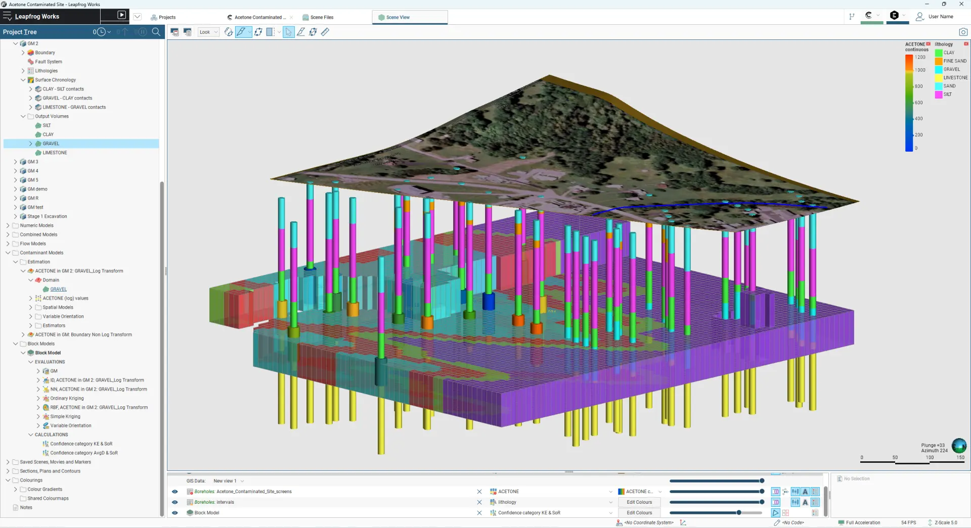 3D geological modeling software interface showing an acetone-contaminated site: a semi-transparent block model with colored layers (clay, gravel, sand, silt, limestone), vertical boreholes with multicolored intervals, and a surface map draped on top.