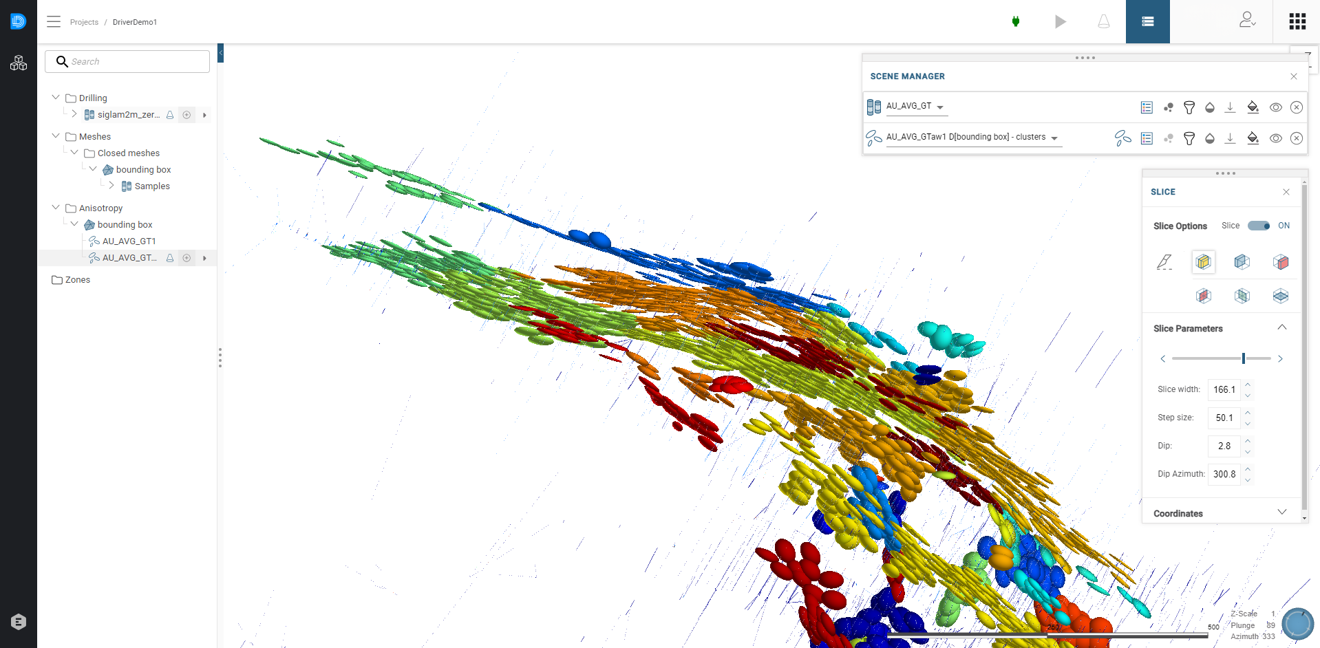 A 3D geological model interface showing a cluster of multi-colored ellipsoids representing gold (Au) bearing veins. The software display includes data panels for Scene Manager and Slice Parameters used in mineral deposit analysis