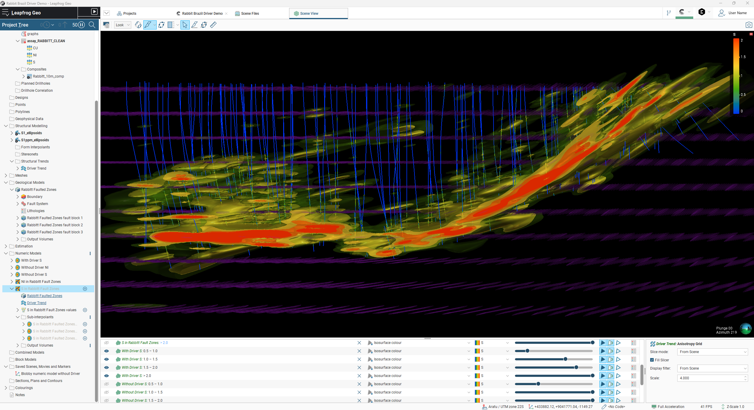 A 3D geological model in Leapfrog Geo software showing heat-mapped mineral isosurfaces, blue drillhole traces, and a project navigation sidebar.
