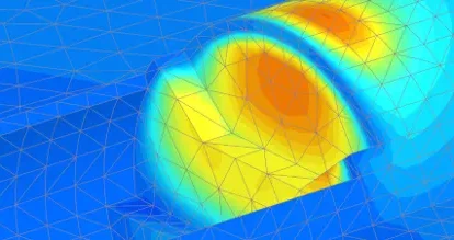 This image shows a 3D finite element mesh of a tunnel structure. The visualization uses a heat map contour (ranging from blue to orange/red) to illustrate stress distribution or displacement levels across the triangular mesh grid.