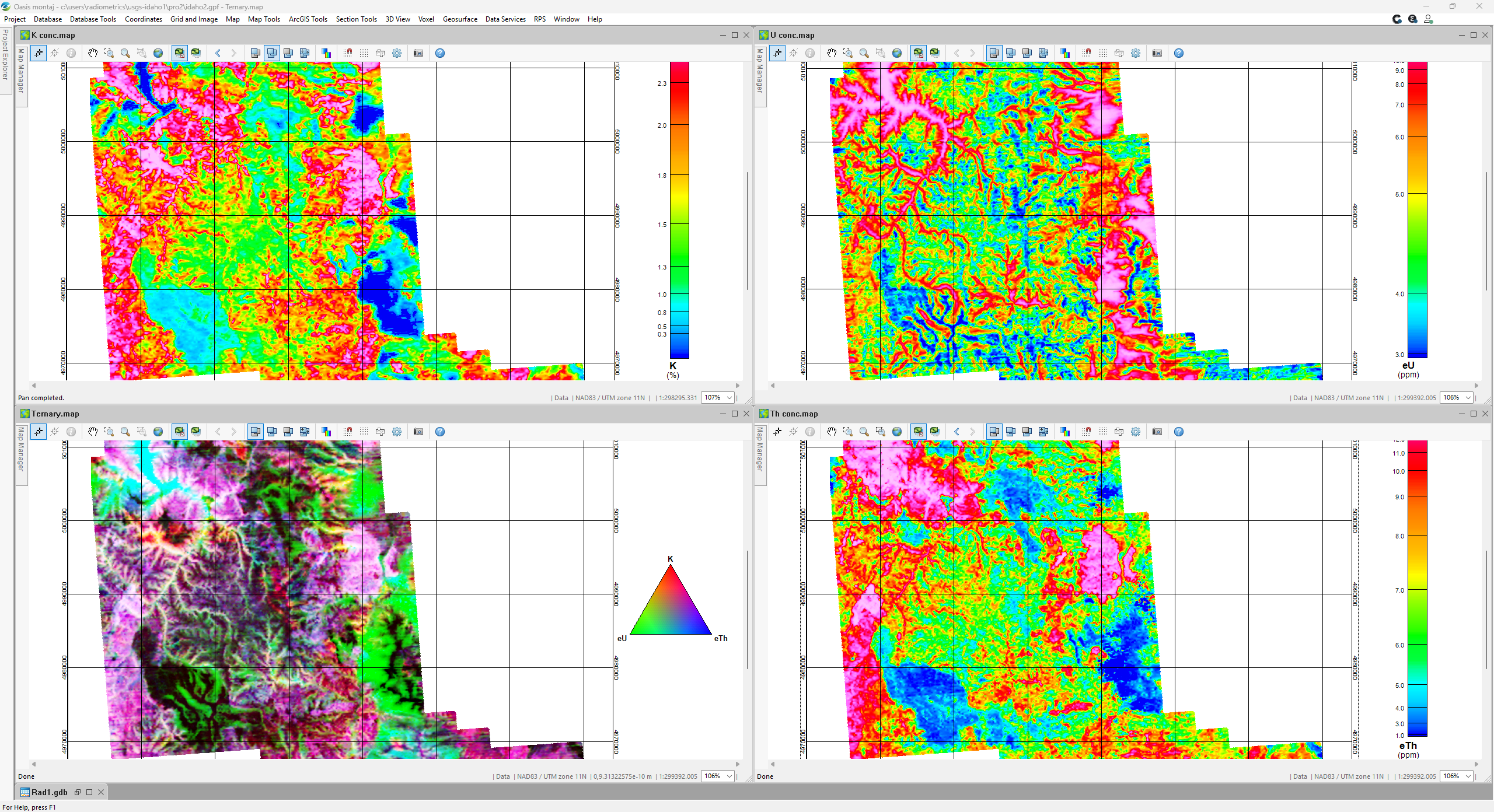 Ternary K–Th–U radiometric data displayed with satellite imagery for surface context