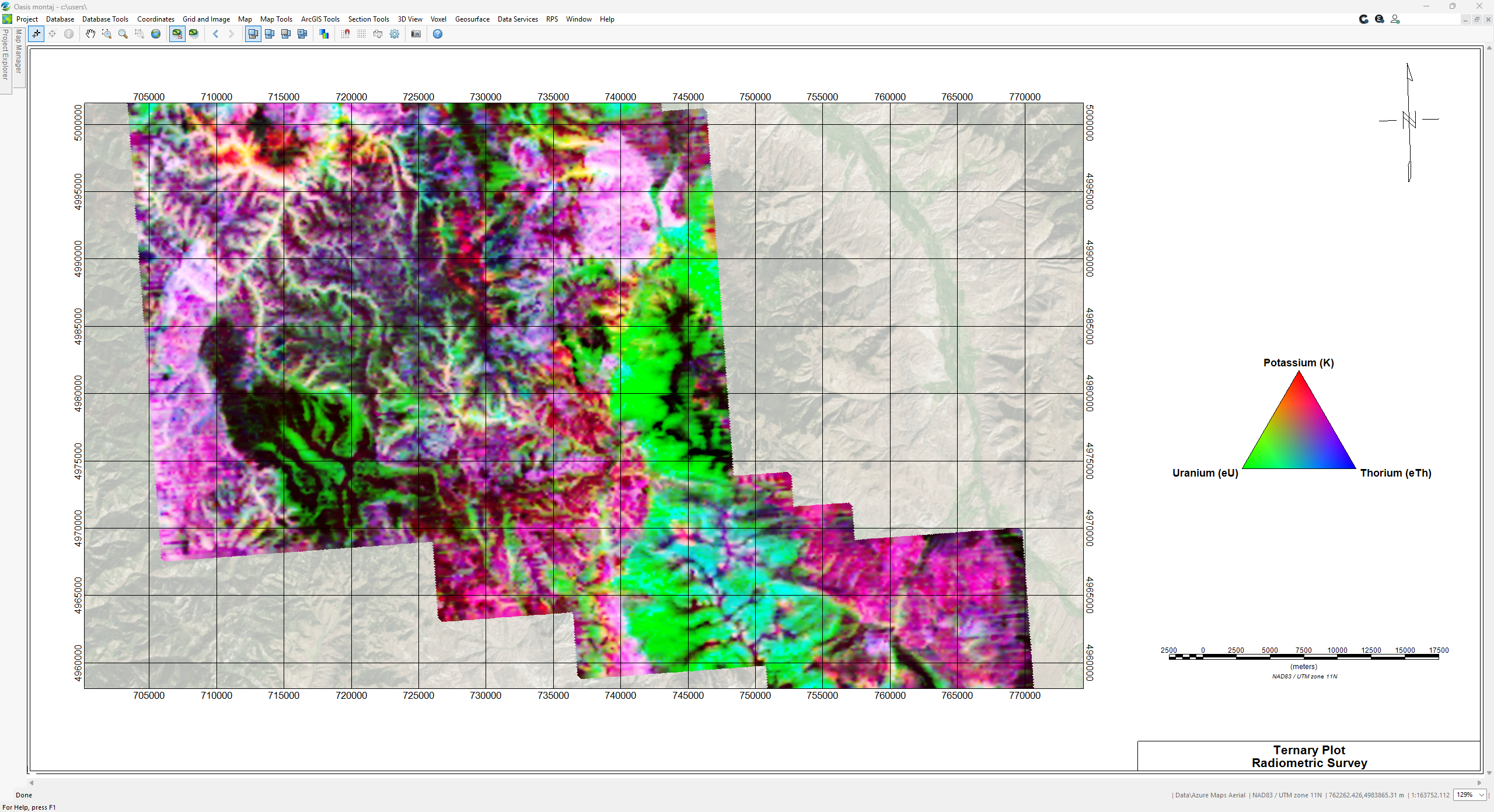 Ternary radiometric map showing potassium, uranium and thorium variation over a basemap within Oasis montaj.