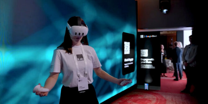 A screenshot from a promotional video for Bentley's YII awards, showing a woman in a white branded top giving a demonstration of VR technology.
