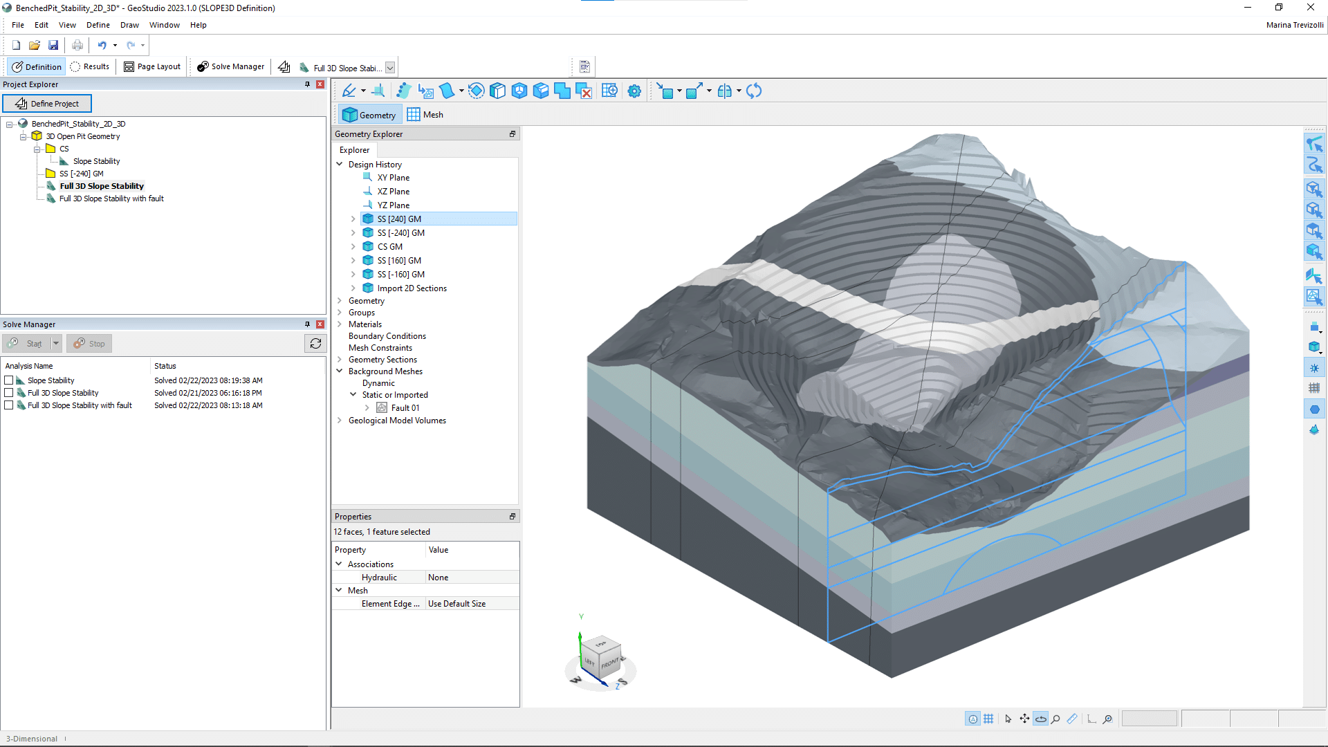A screenshot of a 3D model in Seequent's GeoStudio SLOPE3D
