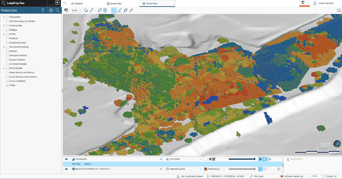 Industry-first 3D block models of real time ROM pad stockpiles generated by the IntelliSense.io Stockpile & Inventory Optimization Application, integrated into Leapfrog and Seequent's ecosystem to give a full high-fidelity view of material inventories and variability across the mine.