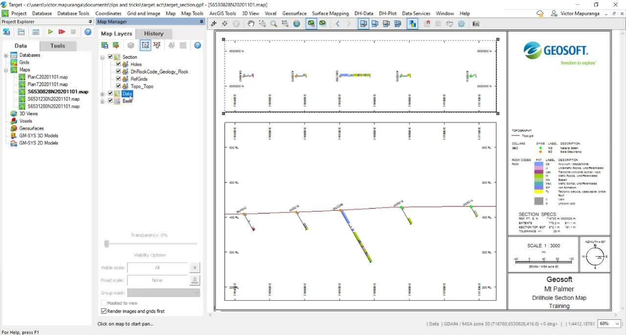 Displaying similar section map rock code patterns on the drillhole traces of the plan map in Target