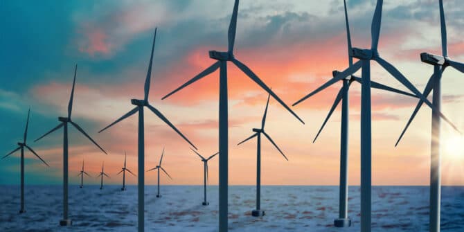 A rendering of wind turbines in the ocean