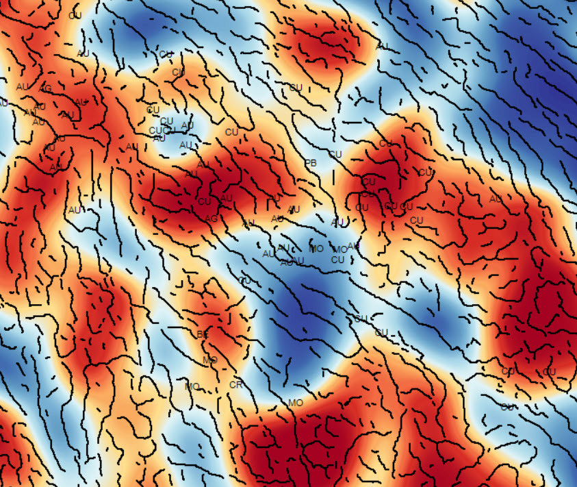 A screenshot of CET Grid Analysis map, in Oasis montaj, used in mineral exploration to identify areas of structural complexity and potential mineralisation.