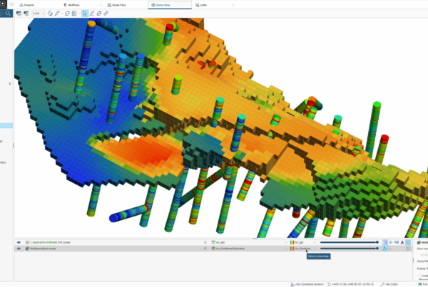 A Seequent BlockSync block model in Leapfrog showing estimated gold grade variability alongside drilling