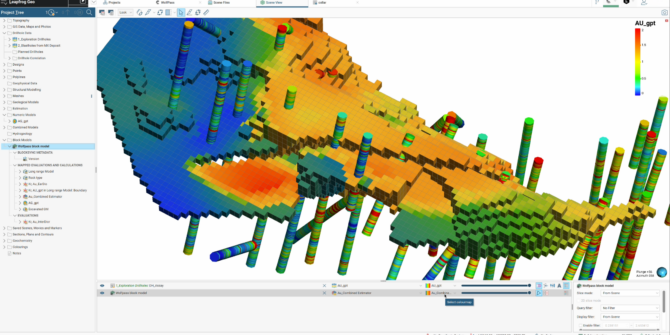 A Seequent BlockSync block model in Leapfrog showing estimated gold grade variability alongside drilling