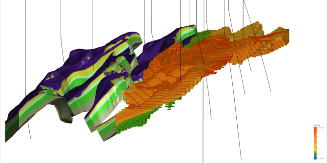 A geological and porosity model of an offshore reservoir built in Leapfrog Energy