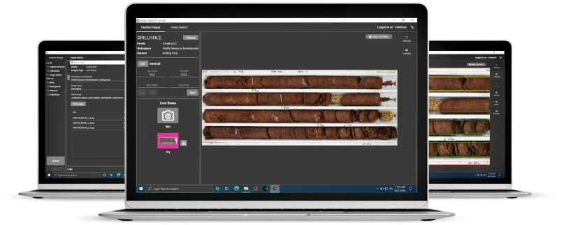 Screenshots of Seequent's Imago with drill cores photographed and logged on laptop screens