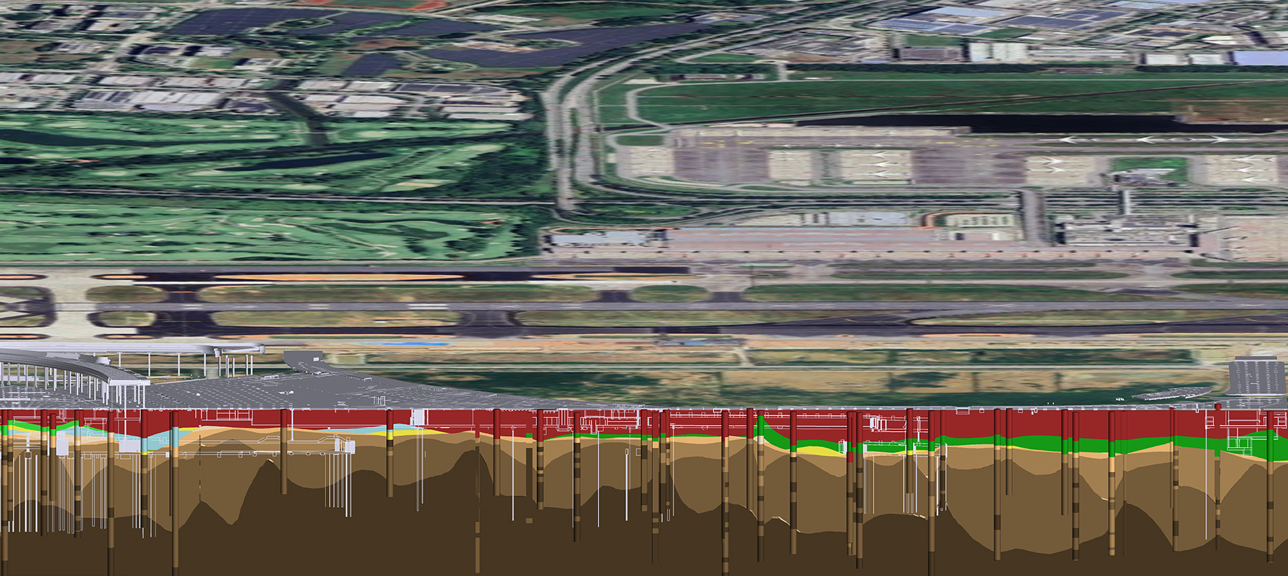 A longitudinal geological profile view of the T5 project site, shown with the structures