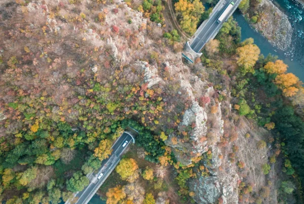 Drone aerial top down view of mountain road with tunnel, river and fall colour forest.
