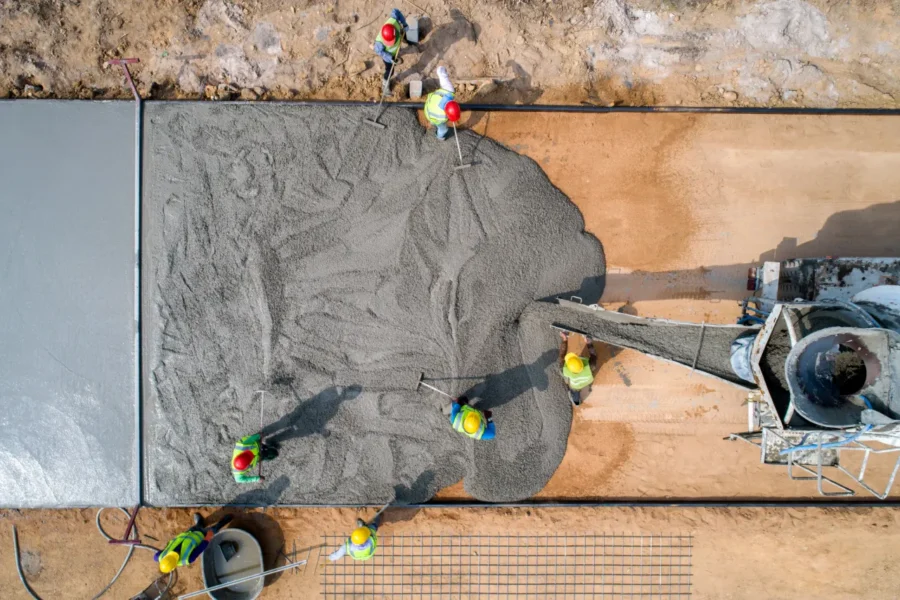 A construction worker pouring a wet concrete at road construction site. GettyImages-1186331518