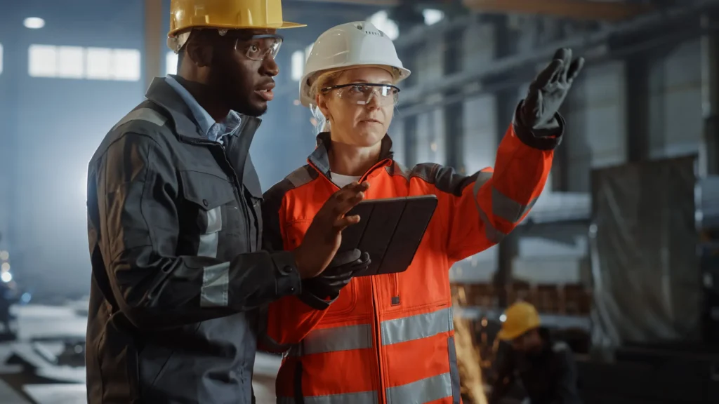 Two Heavy Industry Engineers Stand in Steel Metal Manufacturing Factory, Use Digital Tablet Computer and Have a Discussion. Female Industrial Specialist Talk to Black African American Technician. shutterstock_1870469560