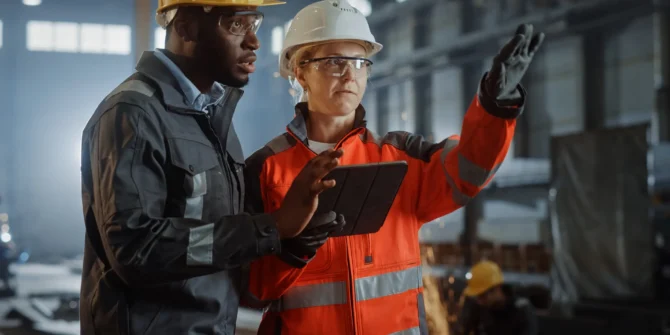 Two Heavy Industry Engineers Stand in Steel Metal Manufacturing Factory, Use Digital Tablet Computer and Have a Discussion. Female Industrial Specialist Talk to Black African American Technician. shutterstock_1870469560