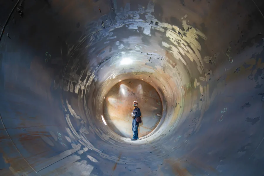 View down a tank tunnel of a person inspecting weld in underground tank wearing full facemask. AdobeStock_450434511