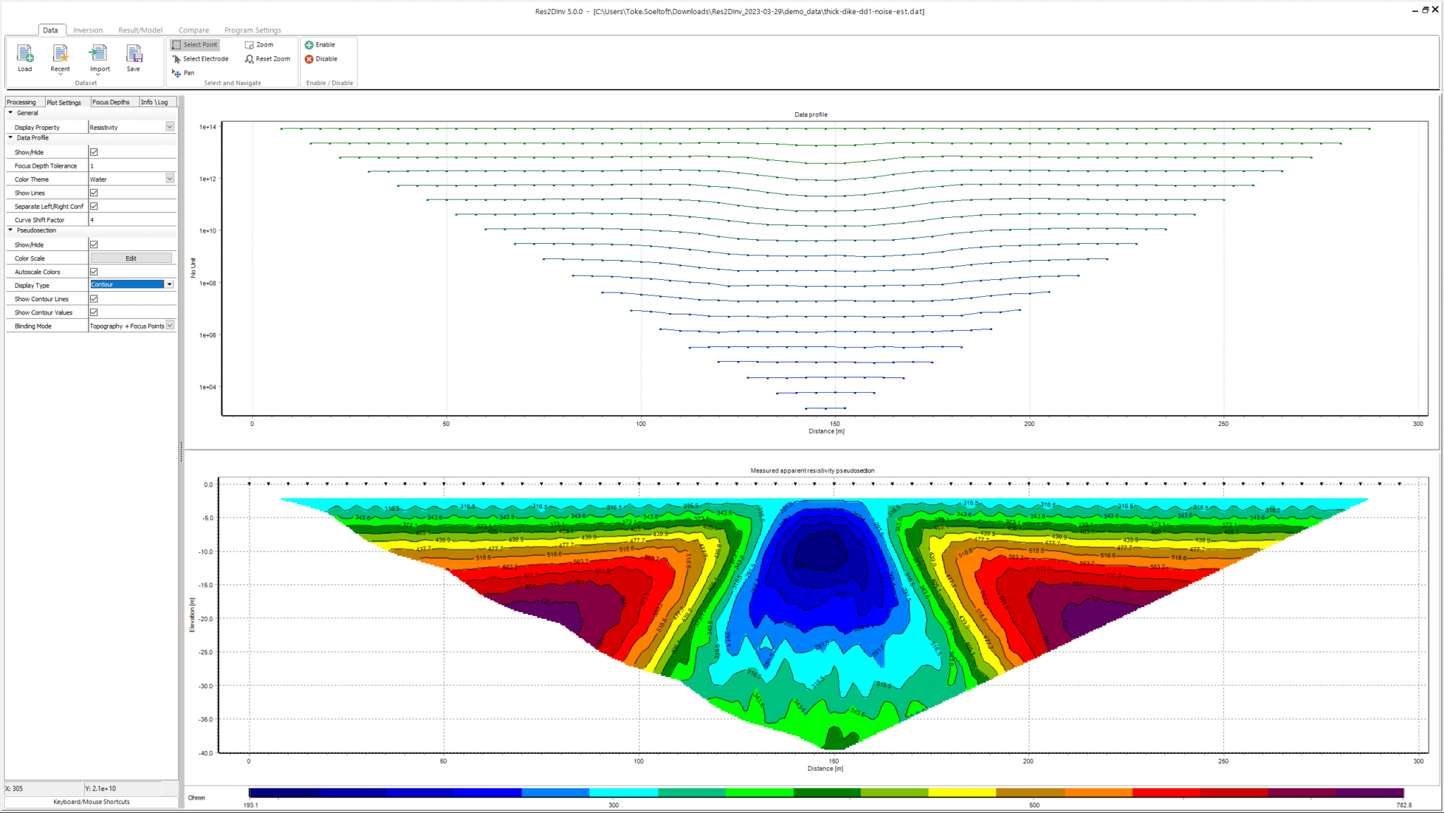 A screenshot of A Data Profile in Seequent's AGS Res2DInv 5.0 3D Viewer