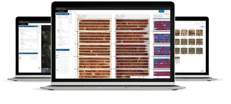 Screenshots of Seequent's Imago with drill cores photographed and logged on laptop screens