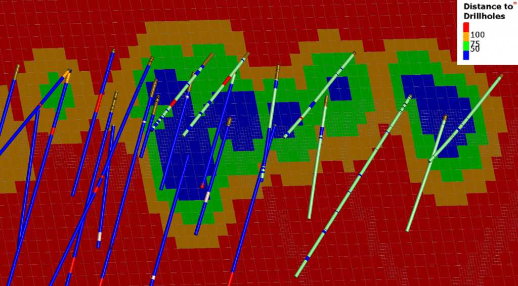 Distance functions as a resource / Confidence classification and drillhole planning tool