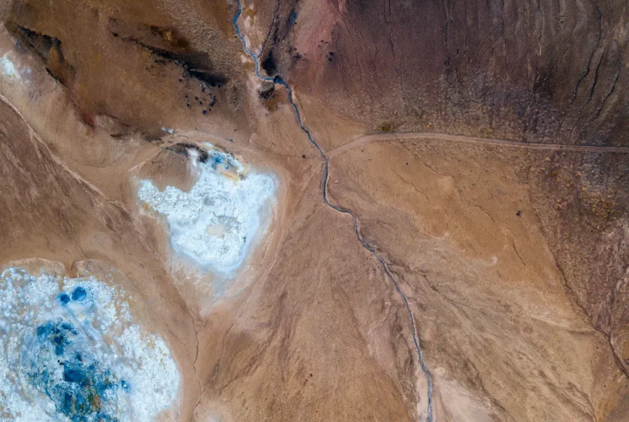 Drone view in the north of Iceland near Lake Myvatn. Aerial panoramic view in myvatn geothermal area. Beautiful landscape in Iceland in an area of active volcanism.