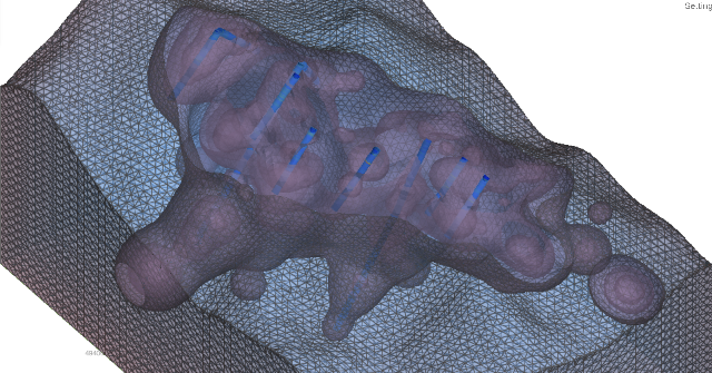 3D wireframe model of a geological subsurface structure with pink volumetric modeling and blue drill hole indicators.