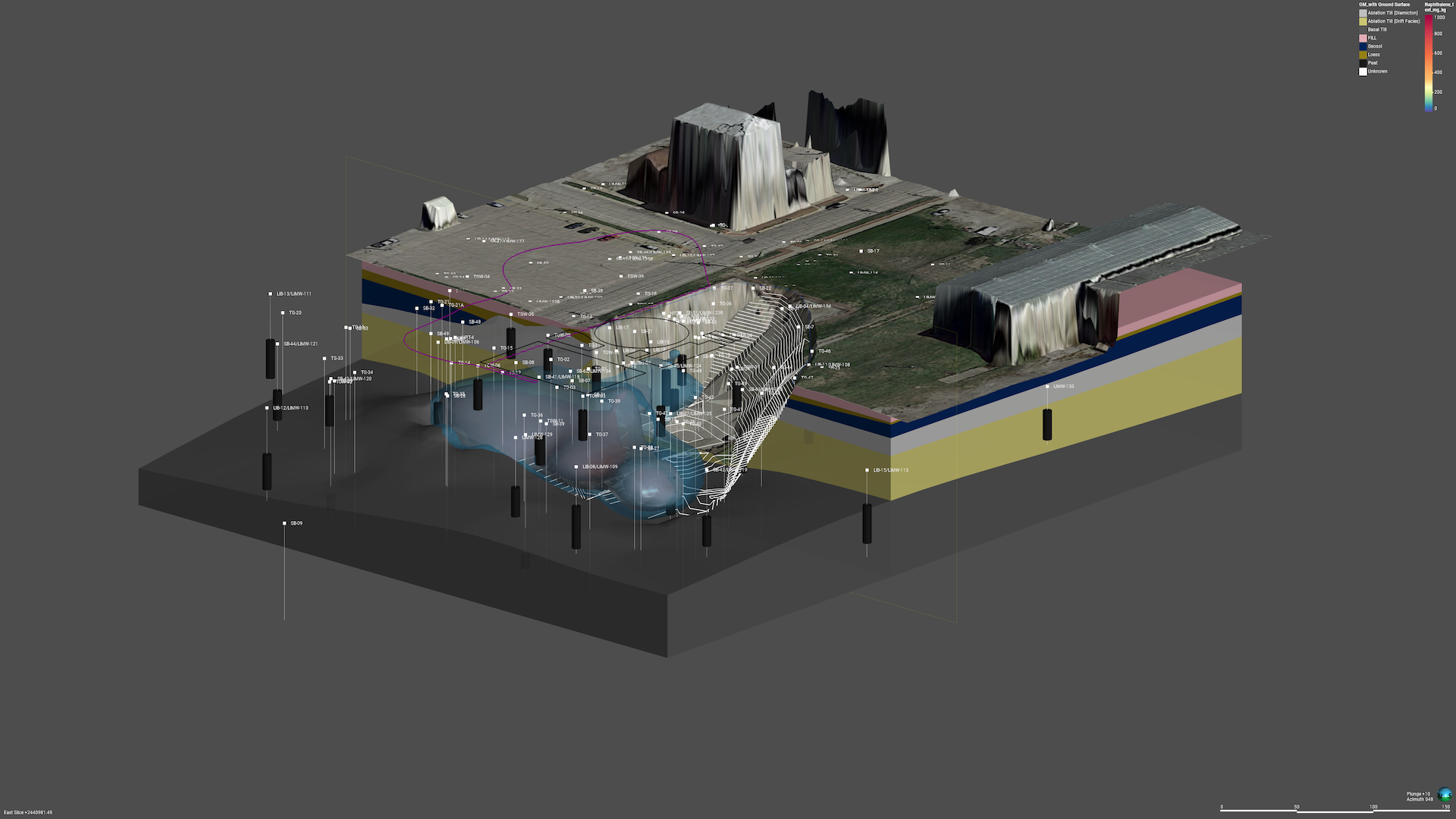 Excavation and in-situ treatment areas with pre-treatment Napth plume