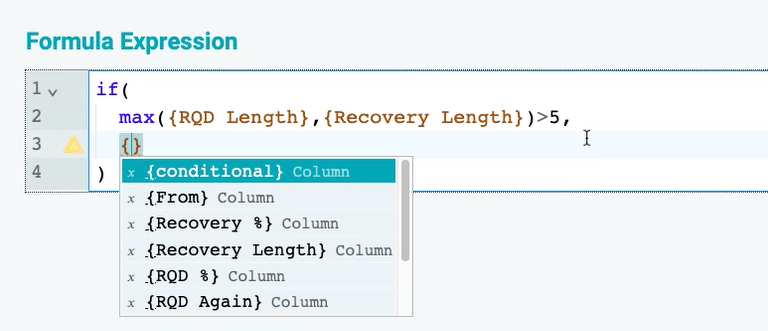 A screenshot of a conditional formula expression for RQD and Recovery Length in Seequent's MX Deposit, from a dropdown menu listing From, Recovery %, Recovery Length, RQD %, and RQD Again column options