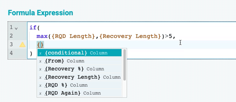A screenshot of a conditional formula expression for RQD and Recovery Length in Seequent's MX Deposit, from a dropdown menu listing From, Recovery %, Recovery Length, RQD %, and RQD Again column options

