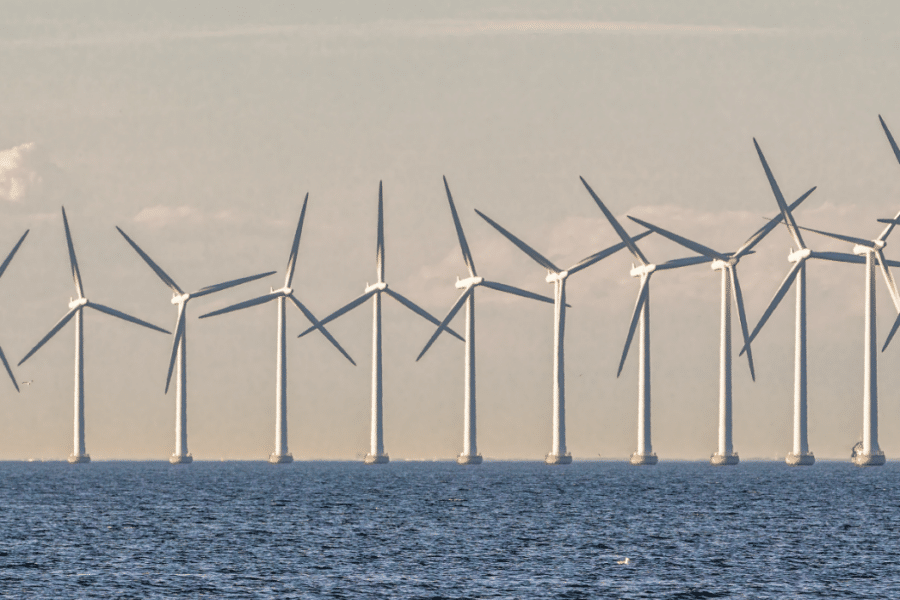 A photograph of wind turbines in the ocean