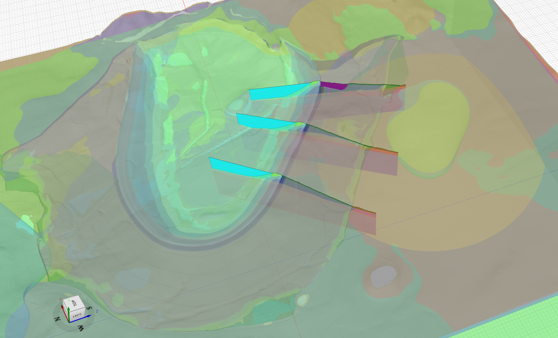 A Seequent GeoStudio 2D cross sections spliced into the 3D model to show the Factor of Safety. 