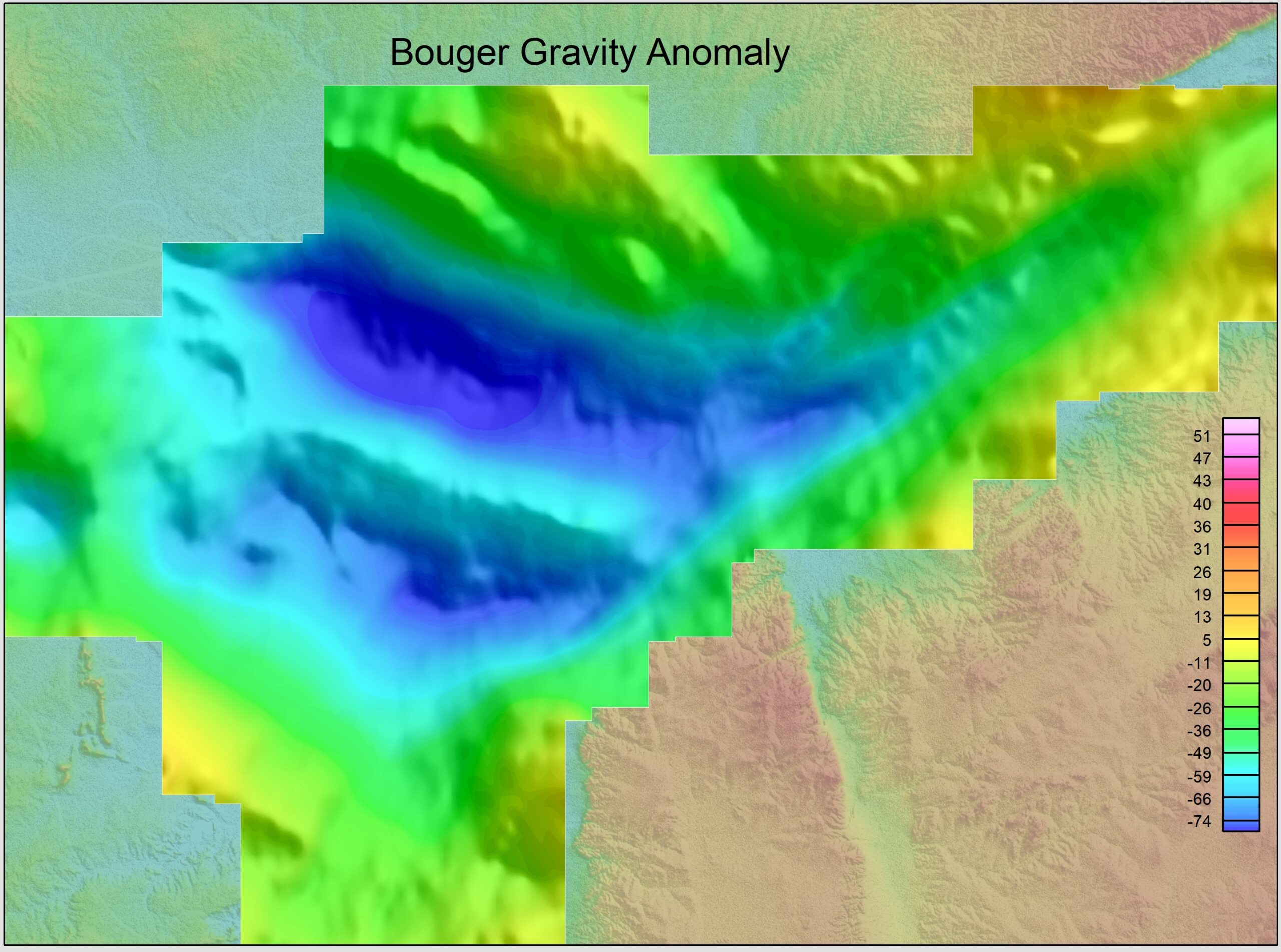 Oasis montaj screenshot - Gravity map of the Eyasi Wembere Basin used to frame survey coverage and regional structure.