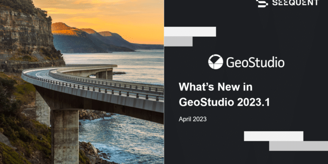 A powerpoint slide cover with an image of a raised road built as a bridge alongside a mountain cliff leading into the ocean on the left hand side. On the right hand side you can read "Seequent", "Geostudio", "What's New in GeoStudio 2023.1", and "April 2023" written as white text on a black background