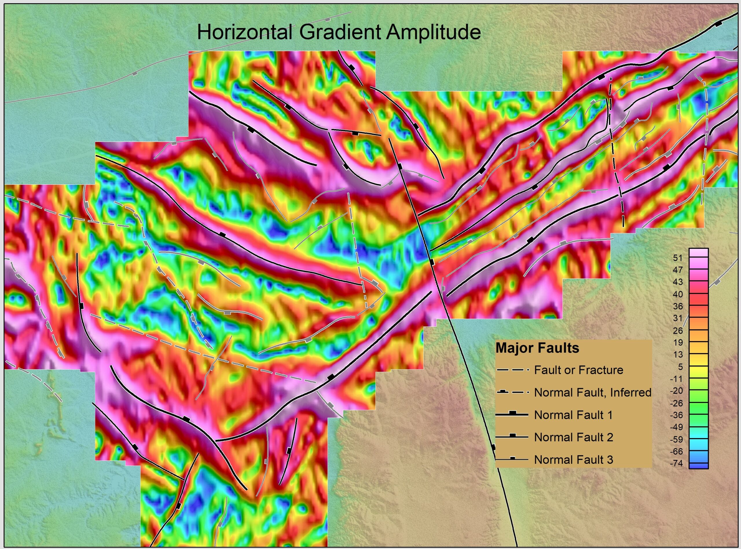 Oasis montaj screenshot of Gravity gradient map highlighting structural breaks beneath volcaniclastic cover.