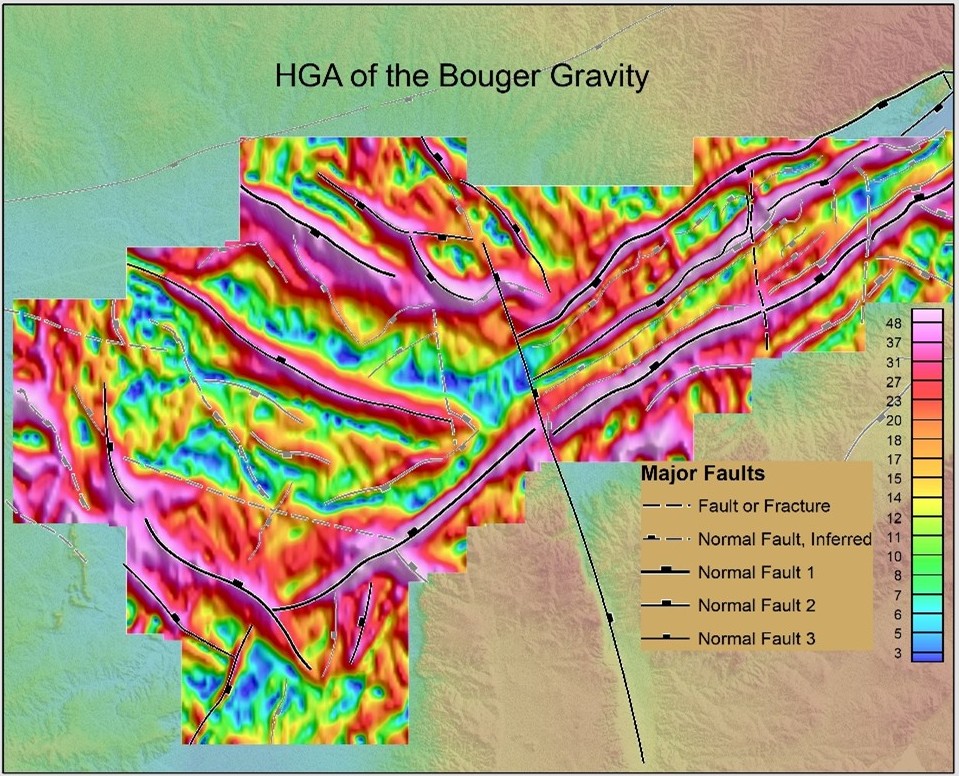 Oasis montaj screenshot of Horizontal gradient amplitude with interpreted rift‑bounding faults and intra‑rift structures.