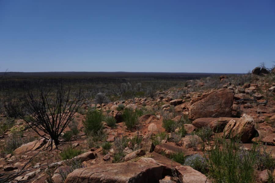 A photo of rocky, red landscape of the Fraser Range, southeast of Kalgoorlie in Western Australia.