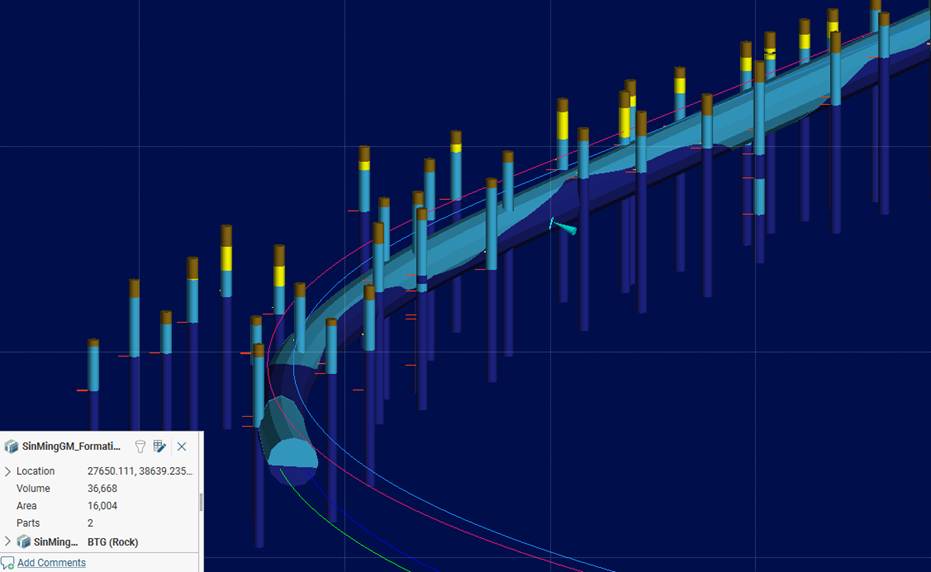 A screenshot of Leapfrog Works Illustration showing the geological formations intersected by the proposed tunnel alignment and the estimated volume of tunnel spoil