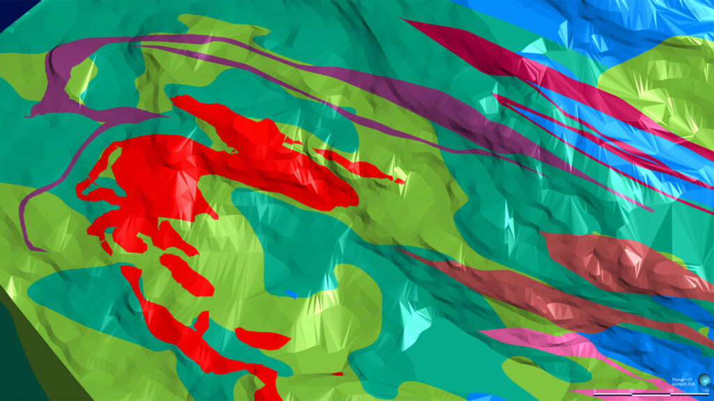 A Leapfrog Geo 3D model showing iron ore in red and purple, marble in blue, and mica schist in green (Source: Rana Gruber)