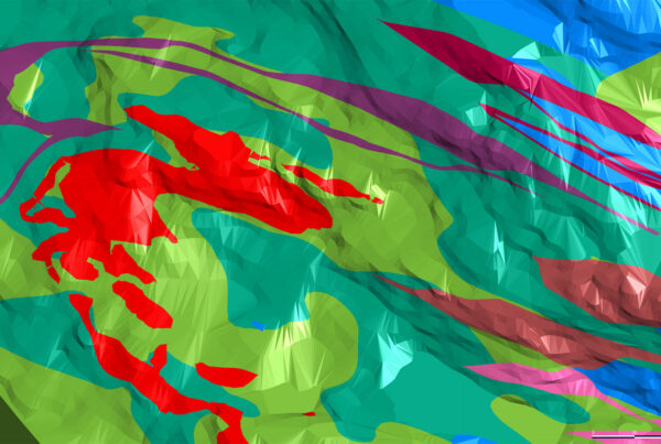A Leapfrog Geo 3D model showing iron ore in red and purple, marble in blue, and mica schist in green (Source: Rana Gruber)
