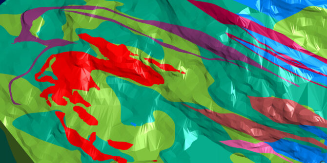A Leapfrog Geo 3D model showing iron ore in red and purple, marble in blue, and mica schist in green (Source: Rana Gruber)