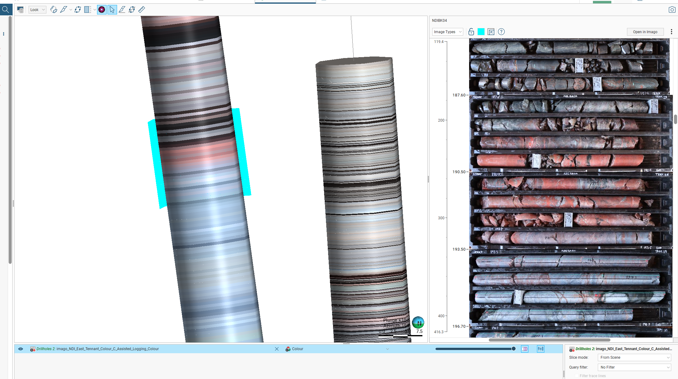 Imago core tray image streaming is integrated into Leapfrog for validation workflows. Image Analysis results, such as dominant colour shown here, can be overlaid onto Leapfrog models for comprehensive geological enrichment.