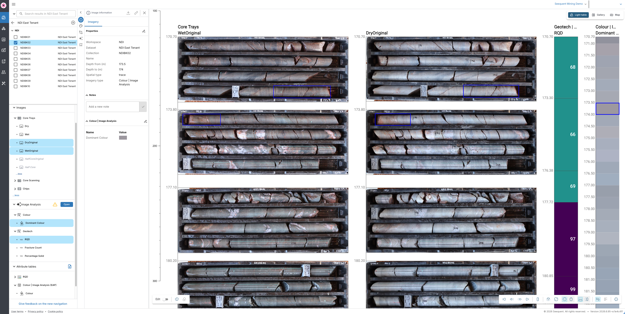 Wet and dry core trays are shown in Imago’s Light Table with depth-registered RQD and colour analysis results. A selection from the dominant colour scale is highlighted on both wet and dry core trays for direct and easy comparison.